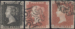 1840 1d Black/1841 1d Red Plate 5 Matched Trio