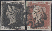 1840 1d Intense Black/1841 1d Red Plate 1b 'EJ' Matched pair, Re-entry etc