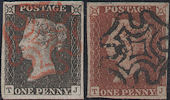 1840 1d Black/1841 1d Red-brown Plate 2 'TJ' matched pair States 1 & 2