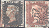 1840 1d Intense Black/1841 1d Red Plate 9 'IH' matched pair