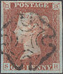 1841 1d Red-brown Plate 9 'SH'