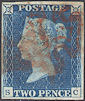 1840 2d Bright Blue Plate 1 'SC'
