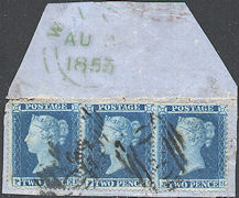 1854 2d Deep Blue F1p,Z7 Plate 4 'PF-PH' O*O Strip