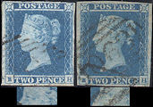 1849 2d Blue ES14n,o Plate 4 'BH' 'Spectacles' matched
