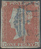 1850 1d Red Plate 105 'PL' Blue cancel
